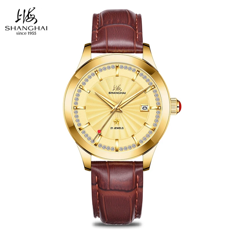 Фото Мужские наручные часы Shanghai Watch 18K Gold Star, 41 мм, с сапфировым стеклом, автоматическим механическим механизмом, календарем, кожаным ремешком, S8933 №1