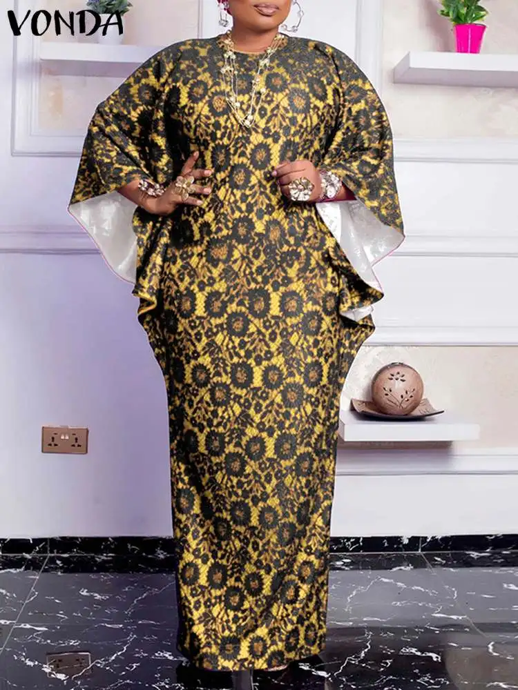 

Платье-макси VONDA женское в стиле оверсайз, винтажный Повседневный богемный сарафан с расклешенным рукавом, модная вечерняя пляжная одежда, ...