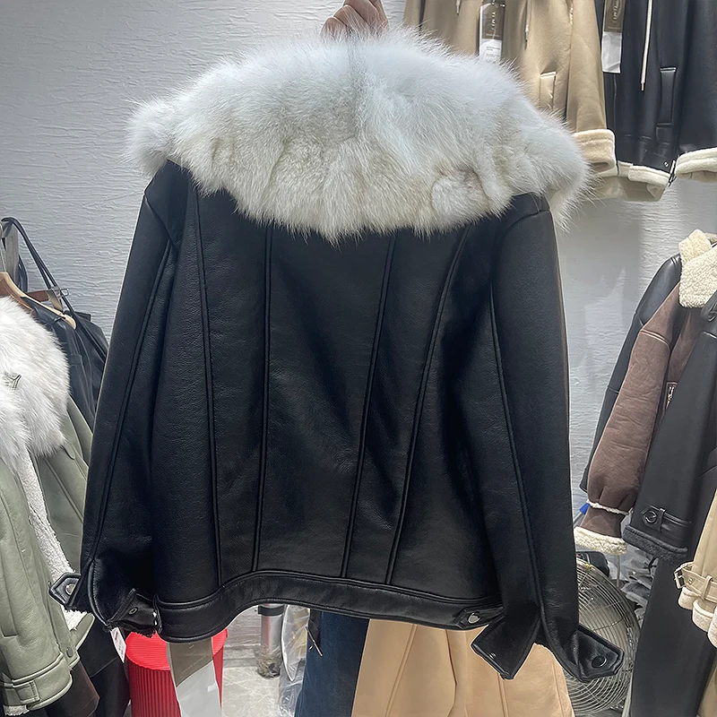 KoHuiJoo Fox Fur Collar Shearling Outerwear Women 2022 Winter Fleece Motorcycle PU Leather Jacket Thick Warm Woman Fur Coat