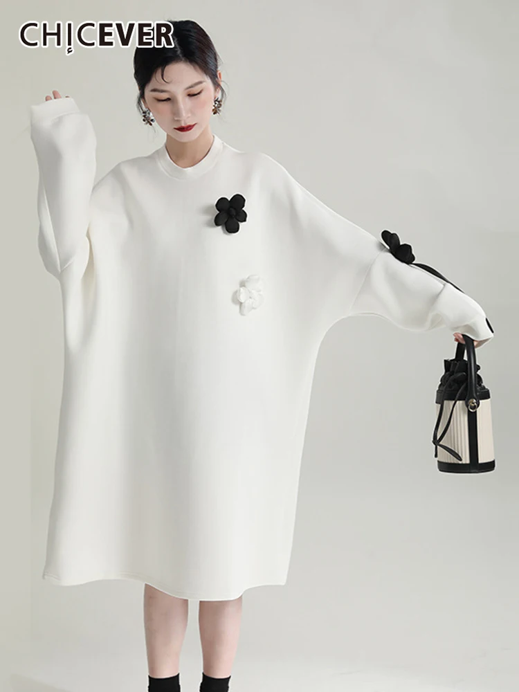 

CHICEVER White Patchwork Floral Midi Dress For Women Round Neck Long Sleeve Loose Waist Two Tone Dresses Female 2022 Clothes New