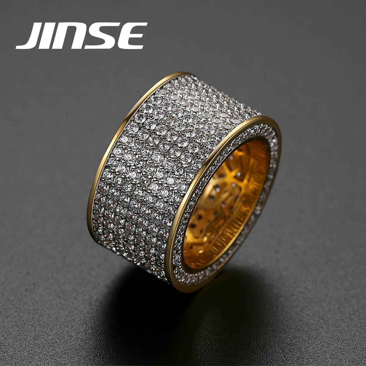 

JINSE Punk Luxury 7 Rows Cubic Zirconia Rings For Men Gold Color Iced Rhinestone Pave Charm Rings Fashion Hip Hop Jewelry Gifts