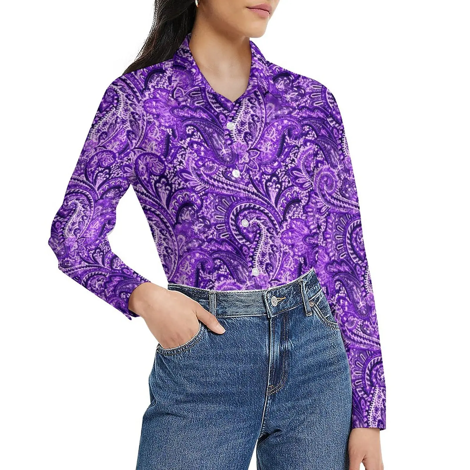 

Purple Paisley Blouse Vintage Print Kawaii Graphic Blouses Women Street Wear Shirt Autumn Long-Sleeve Oversized Top