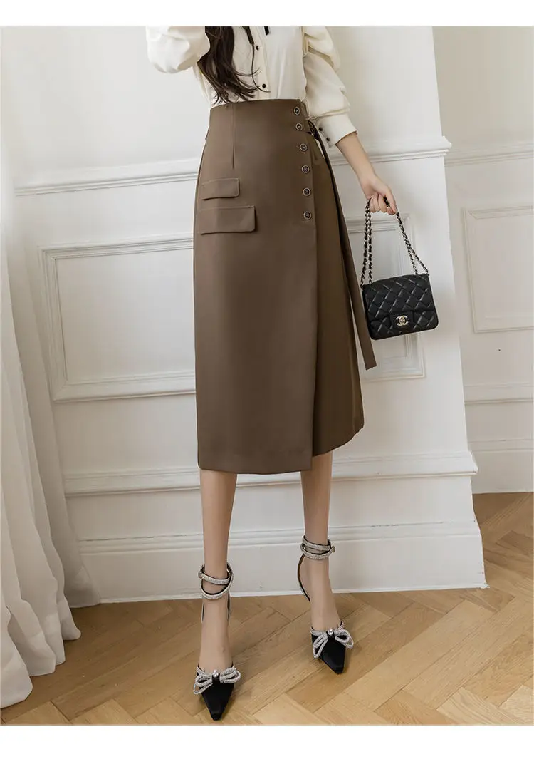 

Elegant Office Irregular Lady Midi Long Skirt for Women 2022 Korean Vintage Button Belt A Line High Waist Brown Skirt Female