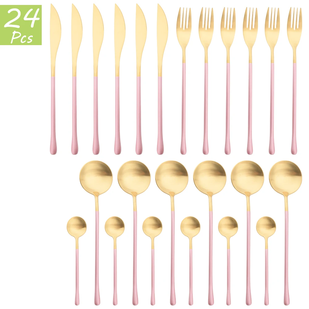 24Pcs Vintage Pink Gold Dinnerware Set 304 Stainless Steel Cutlery Set Steak Knives Forks Tea Spoon Tableware Kitchen Silverware
