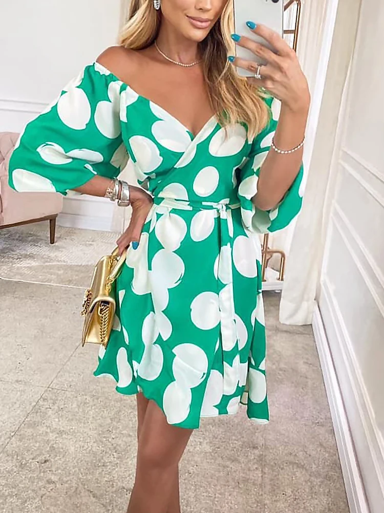 

Summer Sexy Deep V Neck Off Shoulder Spring Casual Dress Women Floral Print Puff Sleeves Lace-up A-line Skirt Party Dresses 2022