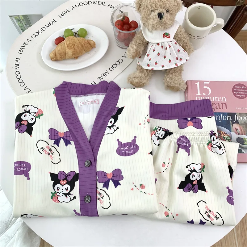 Kawaii Sanrio Kuromi Can Go Out Пижамы с мультяшным аниме-принтом Кардиган длинными рукавами