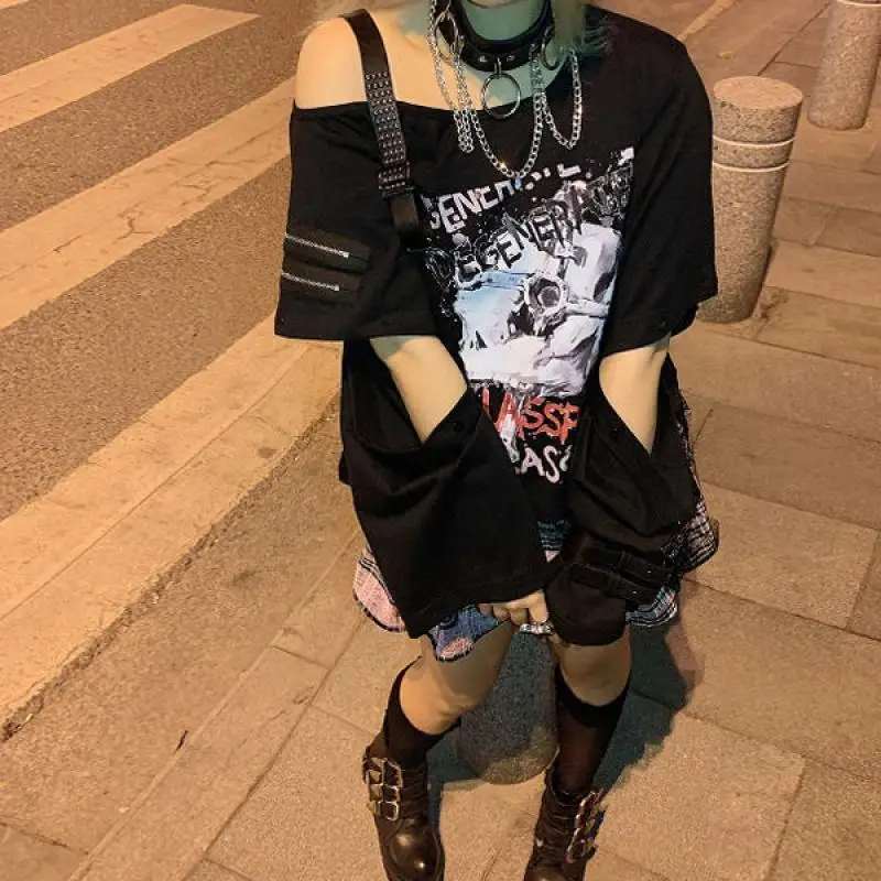 QWEEK Steampunk Hoodie Women Y2k Skeleton Skull Graphic Sweatshirt Off Shoulder E Girl Tops Y2k Dark Academia Aesthetic Clothes images - 6