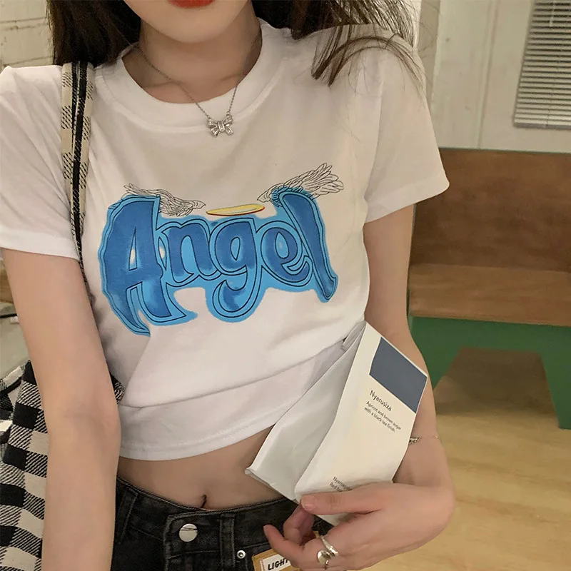 

Korean Hot Girl Short White Letter T-shirt Women's Summer 2022 New Ins Tide Slim Fit Short-sleeved Top