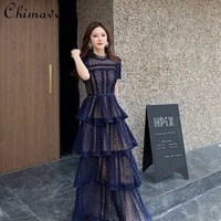 maxi dresses for women 2022 new summer dark blue exquisite lace stitching short sleeve multi layer cake dress slimming dress