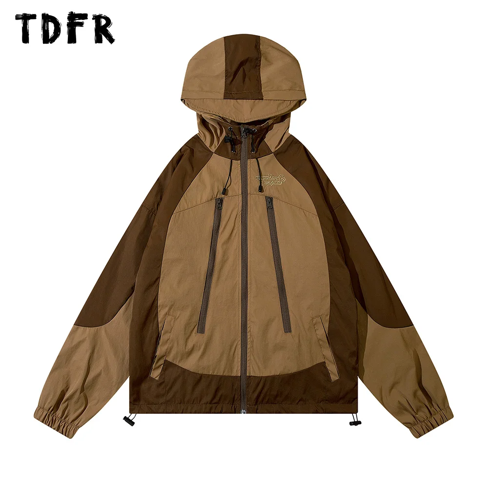 

Contrast Paneled Hooded Jacket Mens Embroidery Autumn Winter Safari Style Loose Drawstring Hem Outerwear Men