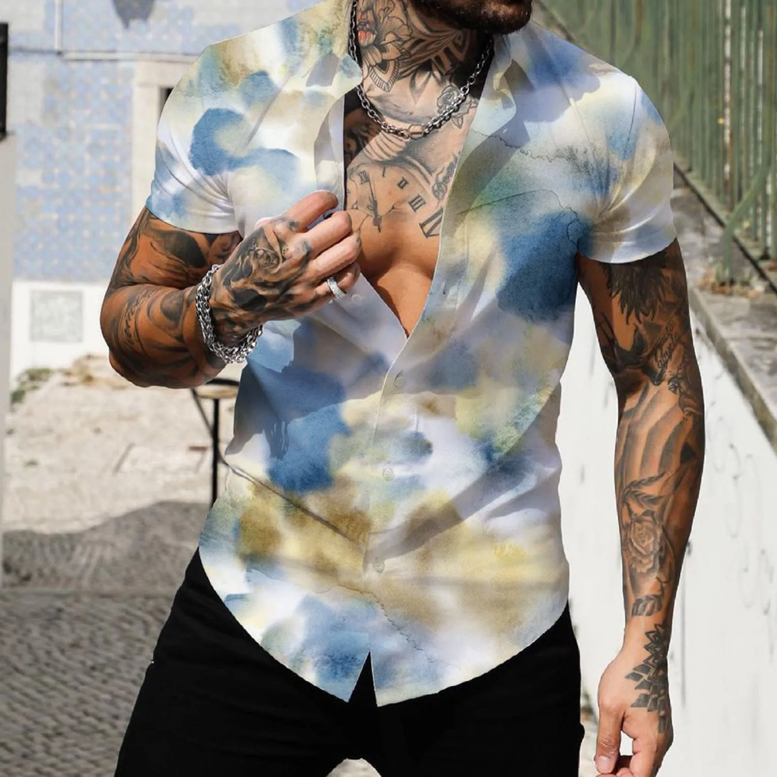 

Adult Body Suits Men Men Spring Summer Single Breasted Casual Lapel Full Print Beach Short Sleeve Vacation Lady Workout Short