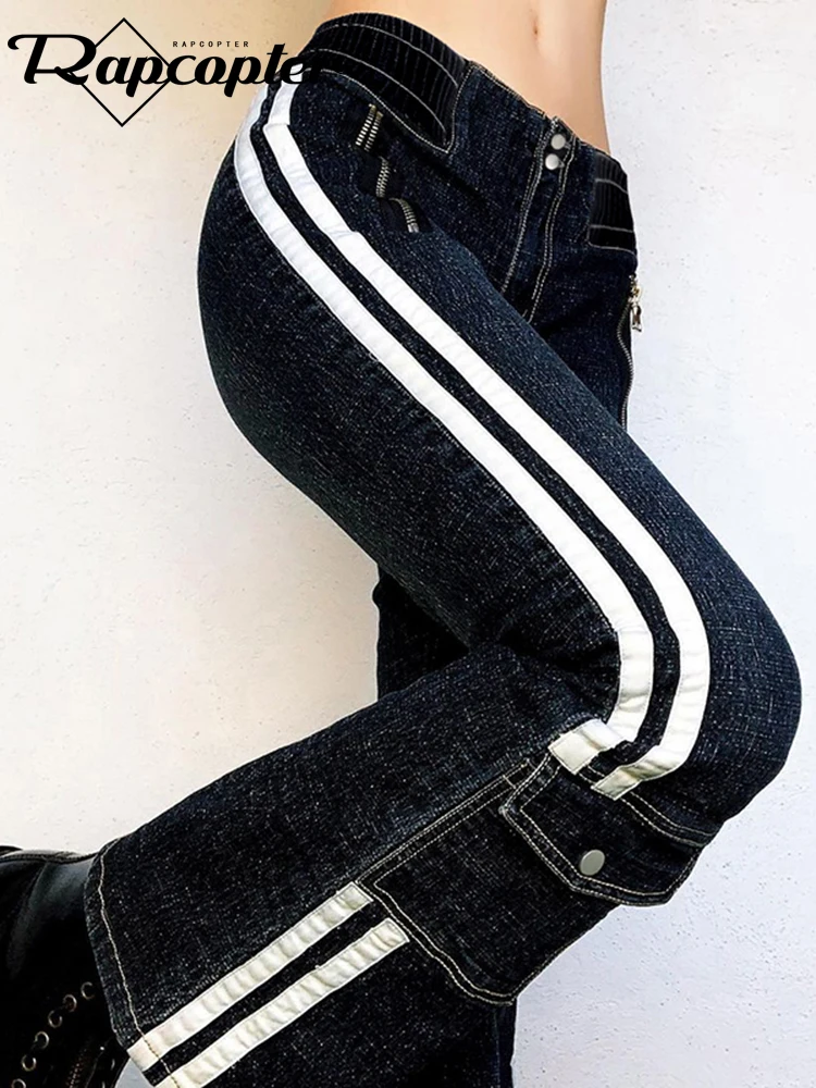 

Rapcopter y2k Side Striped Jeans Pockets Tie Dye Grunge Low Waisted Stretchy Jeans Women Vintage Aesthetic 90s Pants Streetwear