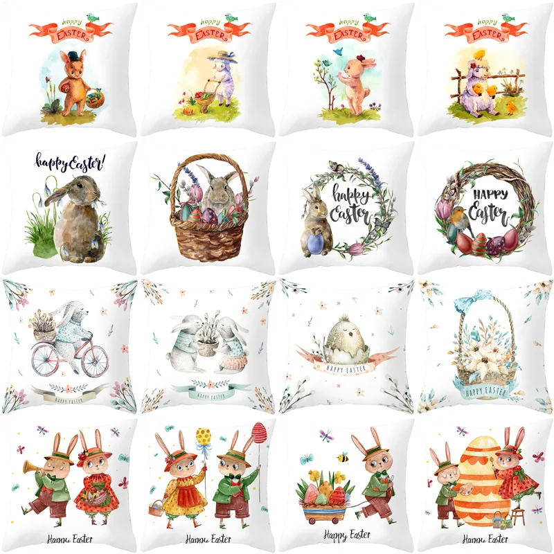 

2022 Spring Easter Home Decor Cushion Cover Square Linen Pillow Cover 45*45cm Cartoon Bunny Easter Eggs Printed Pillowcase