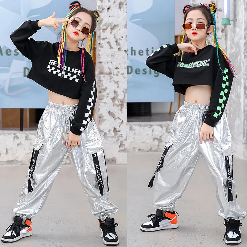 

Kids Hip Hop Clothing Girls Jazz Costumes Stage Street Performance Clothes Outfits Kids Sweatshirt Silver Cargo Pants SL6127