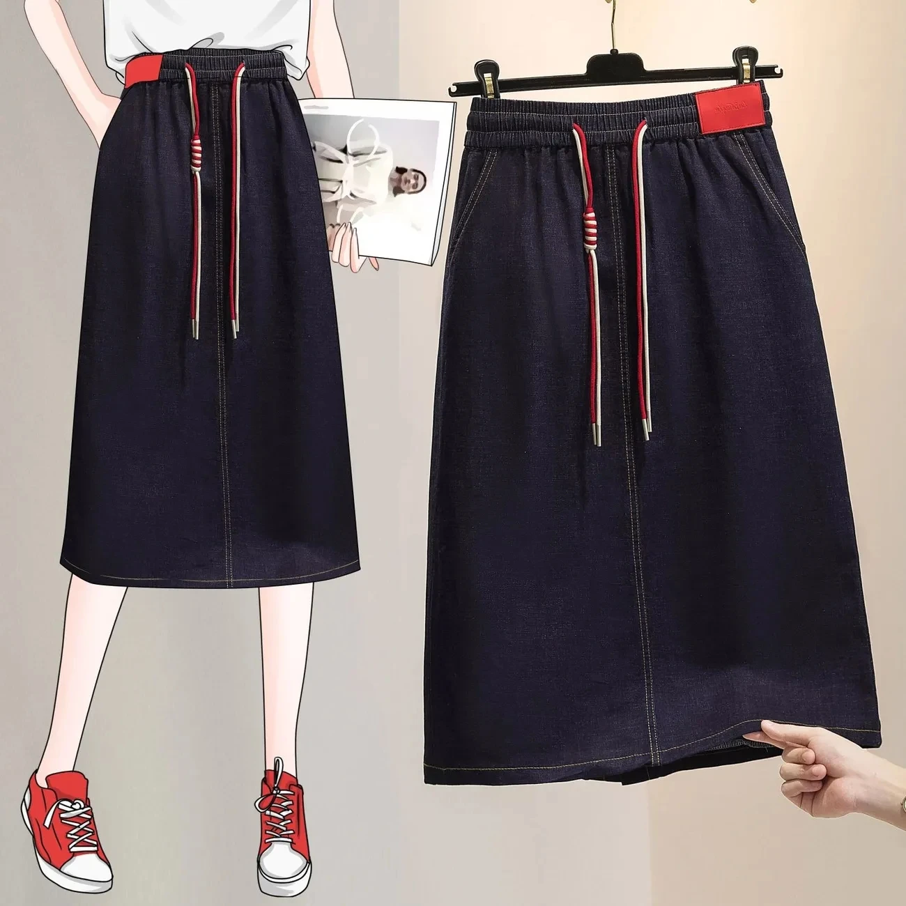 

2023 New oversized Denim Skirt For Women Clothes Casual Elastic High Waisted Drawstring Back Slit Slim Jeans Skirts BC354