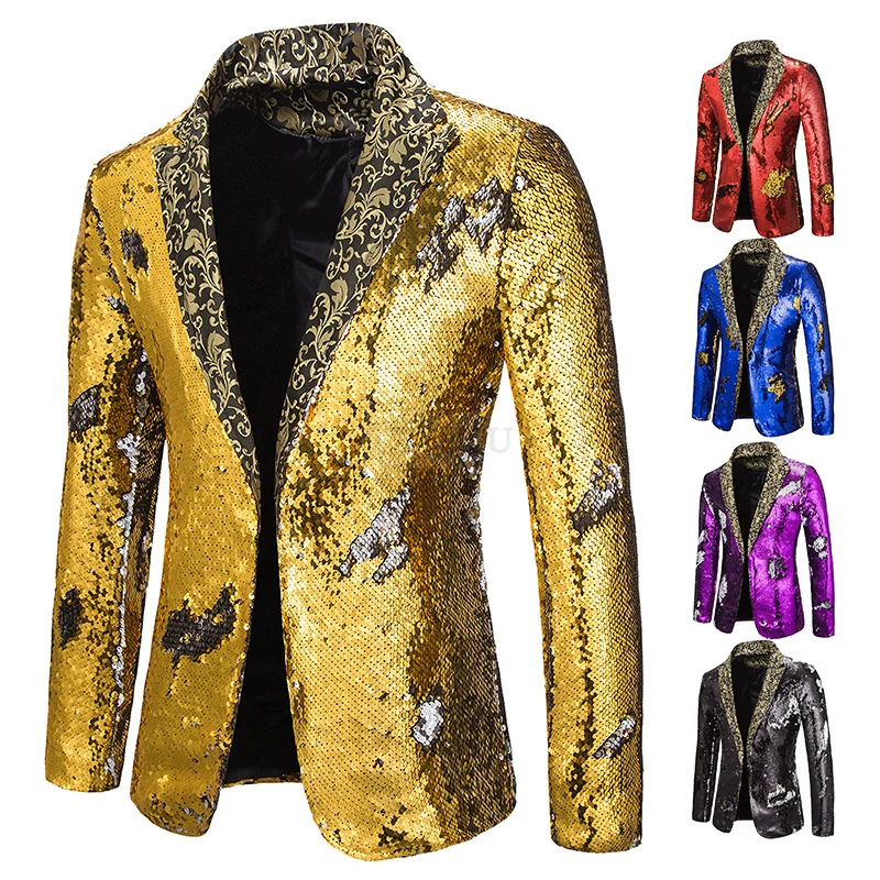 

Luxury Royal Blue Sequin Glitter Blazer Jacket Men Flower Lapel 2 Color Conversion Blazers Mens Nightclub Stage Singers Custmes