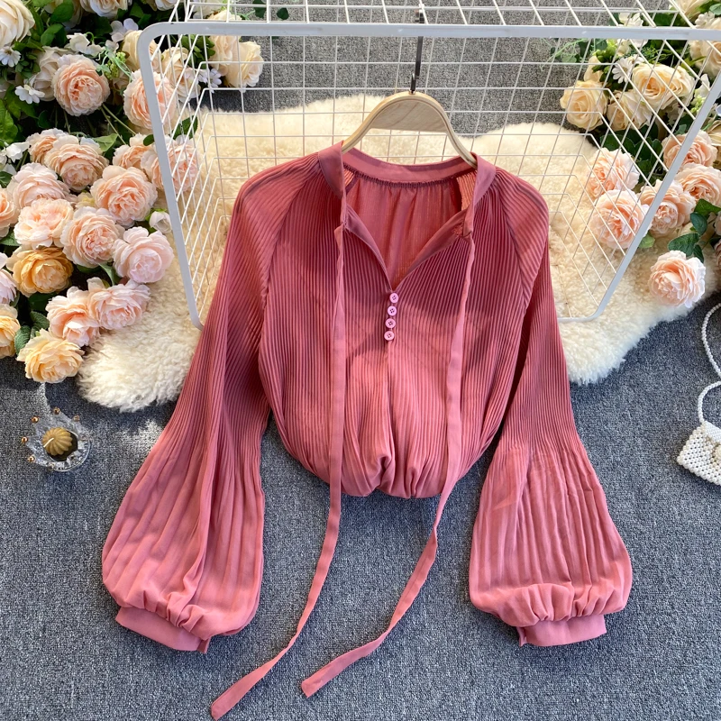 

WDMSNA Chiffon Long Sleeve Shirt Womens Pleated Lantern Sleeve Loose Blouses Women Solid Color Spring Blusas Femininas Elegantes