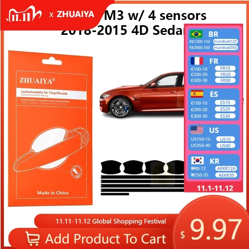 

Защитная пленка ZHUAIYA для красок дверной ручки, защитная пленка из ТПУ PPF для BMWM3 w/4 sensors2018-2015 4D Седан, автомобильные аксессуары