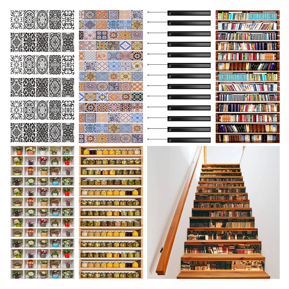 

6pcs/13pcs Stair Stickers 3D Books Potted Plants Waterproof Removable Self Adhesive DIY Beach Stairway Decals Murals Home Decor