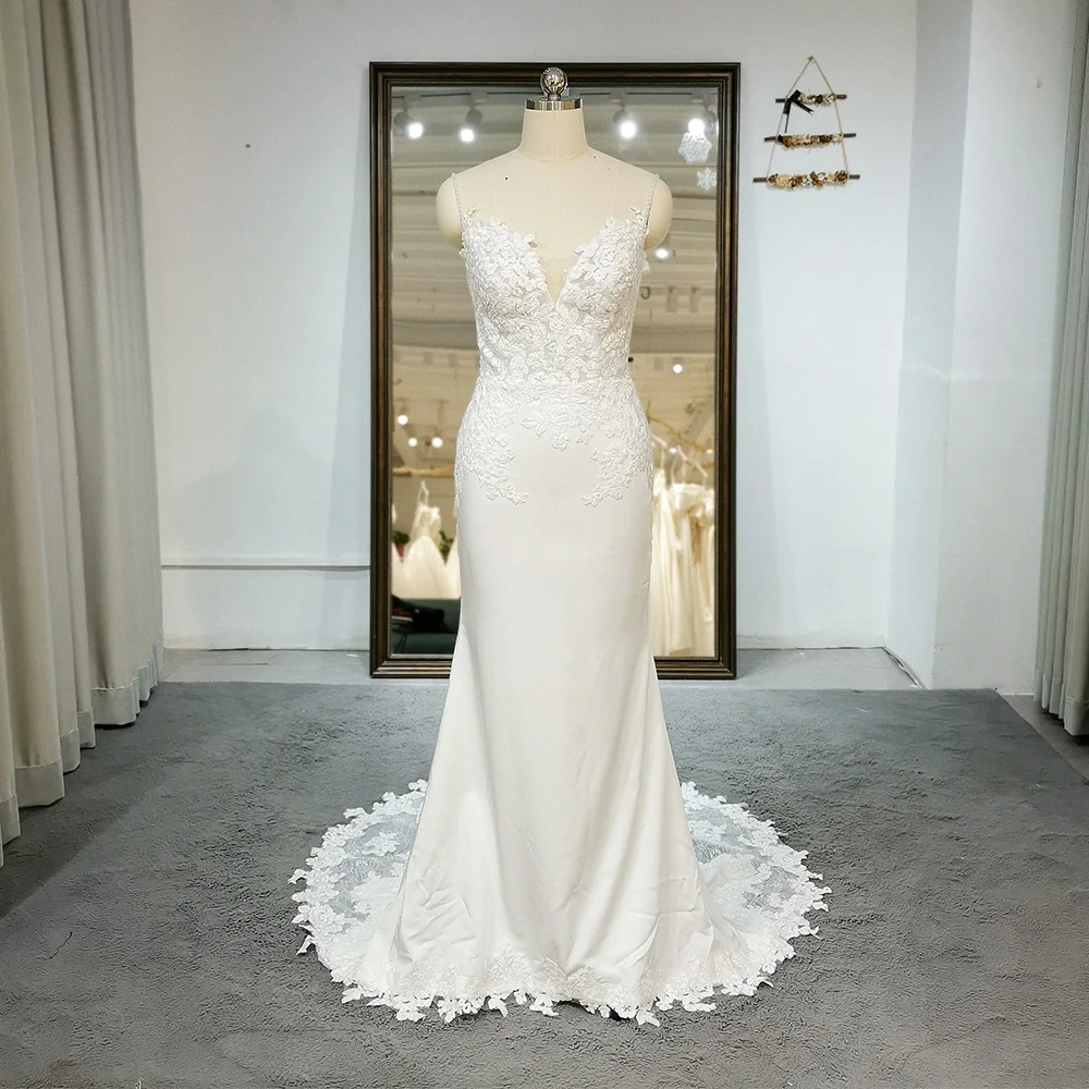 Фото Новейшее свадебное платье трапециевидной формы без рукавов Robe De Mariee Illusion с открытой спиной на заказ, кружево с v-образным вырезом и открытой спиной, великолепные платья de novia №4