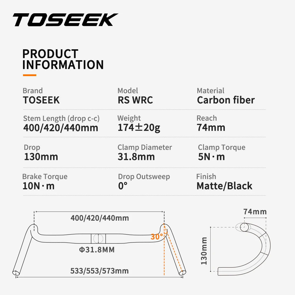 Фото TOSEEK RS-WRC T800 Велосипедный гравийный руль из углеродного волокна Экзотропизм Ручка 31,8 мм Велосипедный дорожный изогнутый стержень 400/420/440 мм №2