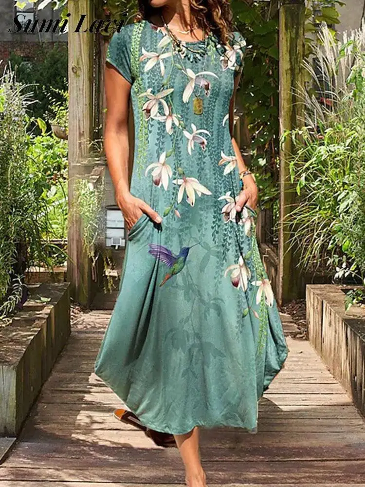 

Повседневное женское пляжное Свободное длинное платье, летнее платье-трапеция с круглым вырезом и коротким рукавом, женские платья с цвето...