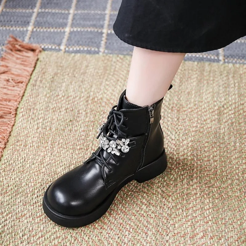 2021 Fashion Rhinestone Side Zipper Buckle Boots Ladies Solid Color Flat Non-slip Winter Keep Warm Lacing Comfortable Bare Boots