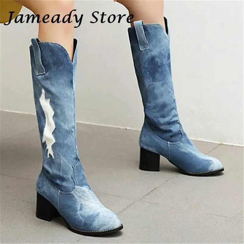 

Large Size Denim Women Boots Fashion Thick Bottom High Heel Knee High Modern Boots Female Knight Boots Designer All Match Shoes
