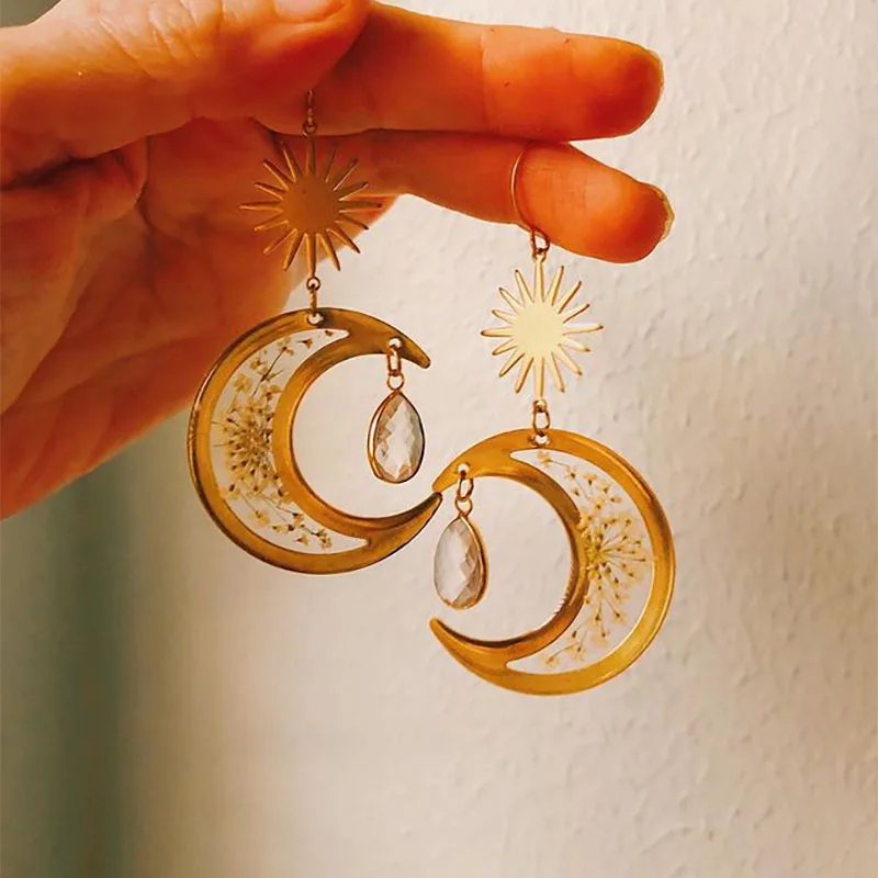 

Gold Crescent Moons Crystals Earrings Jewelry Hypoallergenic Dried Flower Resin Earrings Gifts