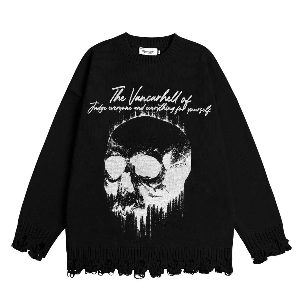 

2023 Streetwear Women Sweater Skulls Print Frayed Oversized Knitted Sweater Gothic Vintage Hip Hop Casual Pullover Hipster Tops