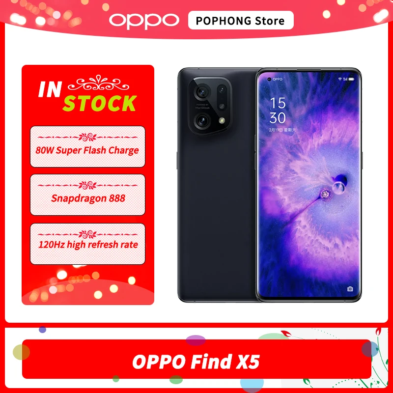 

OPPO Find X5 5G Mobile Phone 6.55 Inch 120Hz AMOLED LTPO Flexible Curved Screen Snapdragon 888 Octa Core 80W SuperCharge NFC