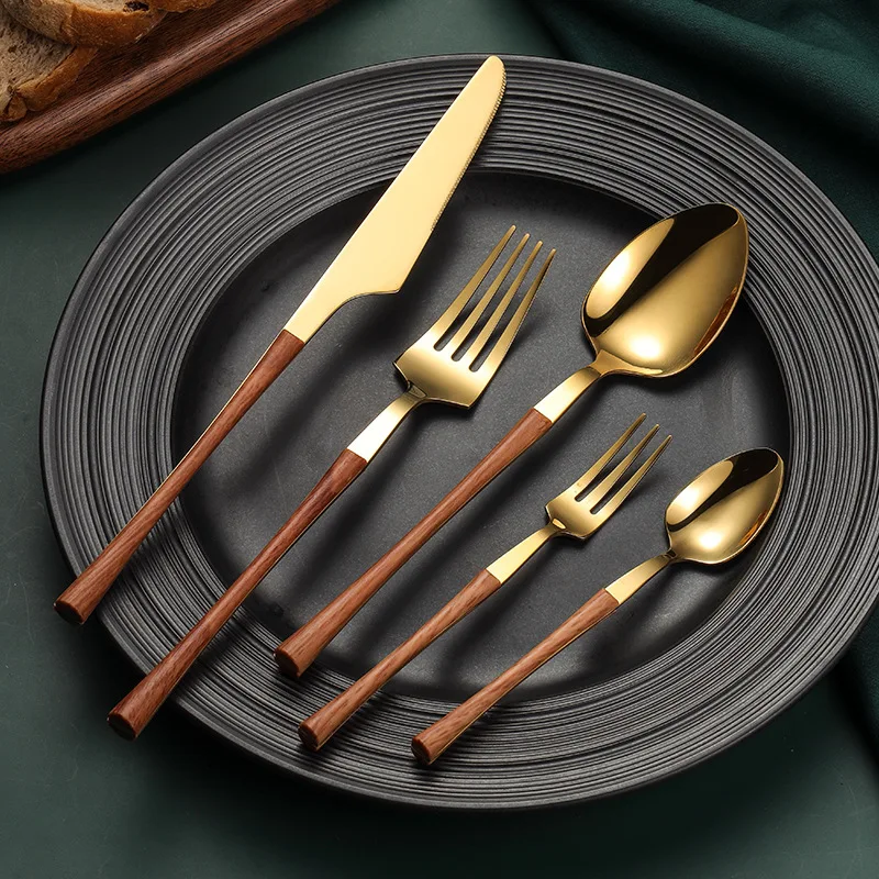 

30 Pcs KuBac Stainless Steel Dinnerware Set Gold Wooden Imitation Handle Wood Cutlery Set Service For 6 People Drop Ship