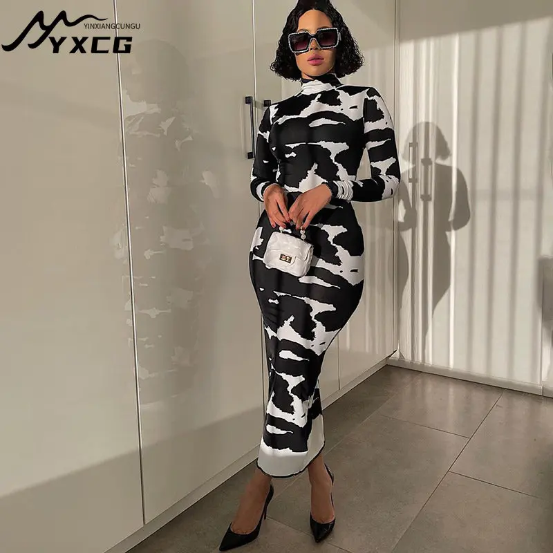 

Women Fashion Autumn Long Sleeve Printed Bodycon Pencil Long Dress Streetwear 2022 Fall Clothes Wholesale Items