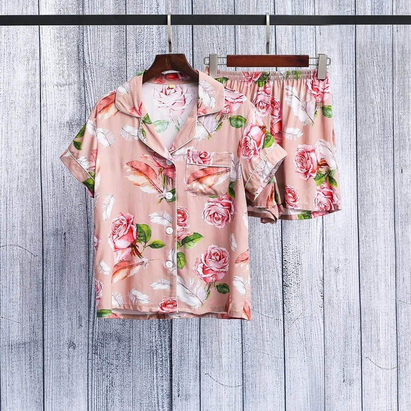Cotton floral Pajamas Set for Women  Pajamas Sets  Short Sleeve Pj Set Summer Lounge homewear floral Hot pants short sleeve