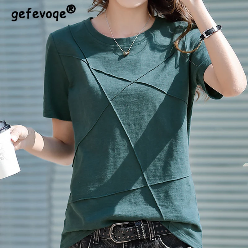 New Loose Korean Style Cotton T Shirt Women Round Neck Solid Color Tshirt All-match Office Lady Long Sleeved Tops Tee Pullovers