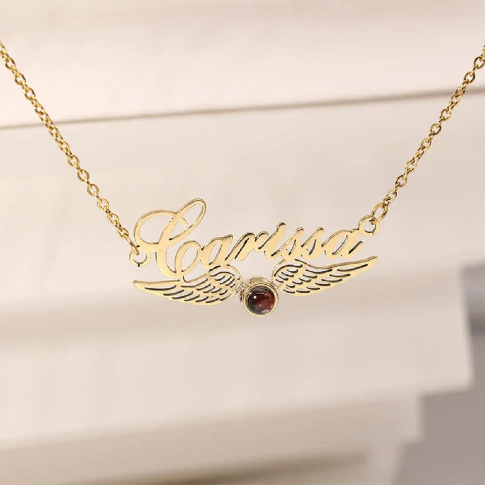 Custom Photo Wings Projection Necklace Personalized Name Pendant Stainless Steel Jewelry Valentine's Day Gifts For Girls Couples