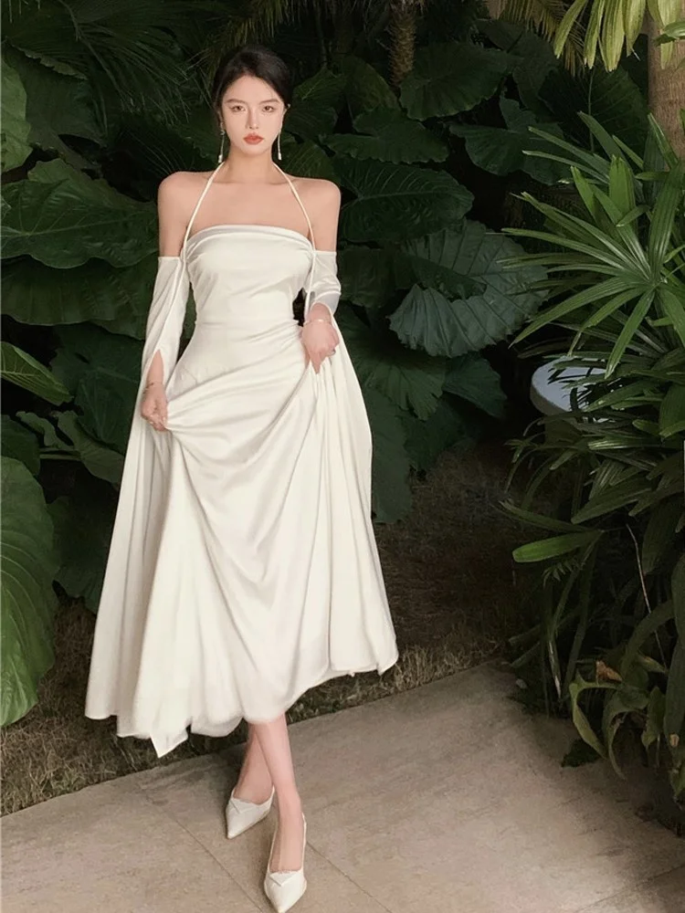 

2023 Women Summer Elegant Satin Silky Off Shoulder Slim White Cocktail Dress Lady Party Maxi Dress