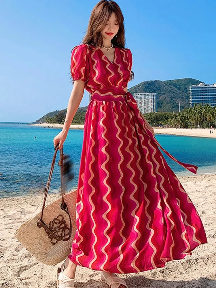 

High-Quality Luxury Design Runway Summer Dress Women Short Sleeve Sexy V- Neck Lace-Up One Piece Design Split Long Dresses