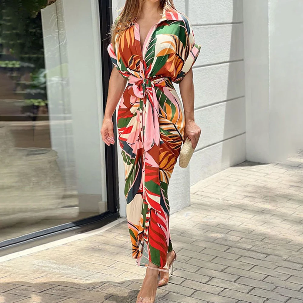 

Elegant Leaf Print Midi Dresses Women Casual Turn Down Collar Short Sleeve Buttons Lace Up Shirt Dress Fashion High Streetwear
