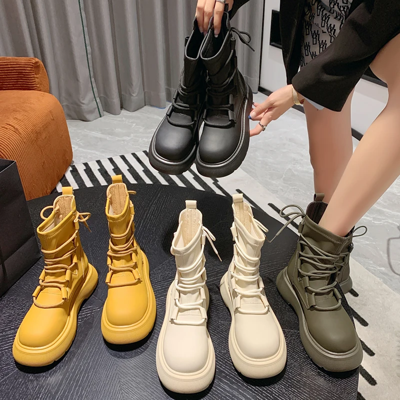 

Роскошные женские ботинки; Коллекция 2022 года; Зимние эластичные ботинки на платформе; Модные короткие женские ботинки с круглым носком на ш...