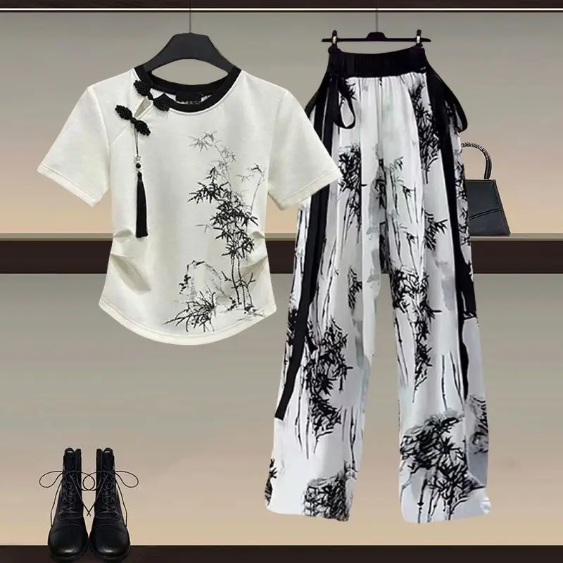 Футболка женская из двух предметов лето 2024 шифоновые брюки с широкими штанинами