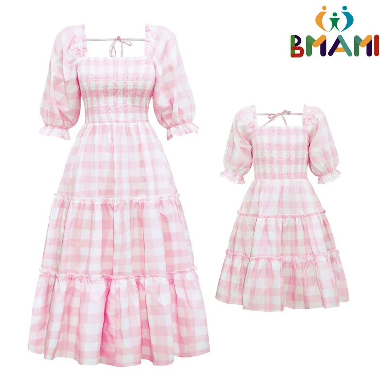 

Mother Daughter Matching Lolita Dresses Pink Grid Family Look Mommy and Me Clothes Outfits Mum Women Girls Bohemian Dress Look