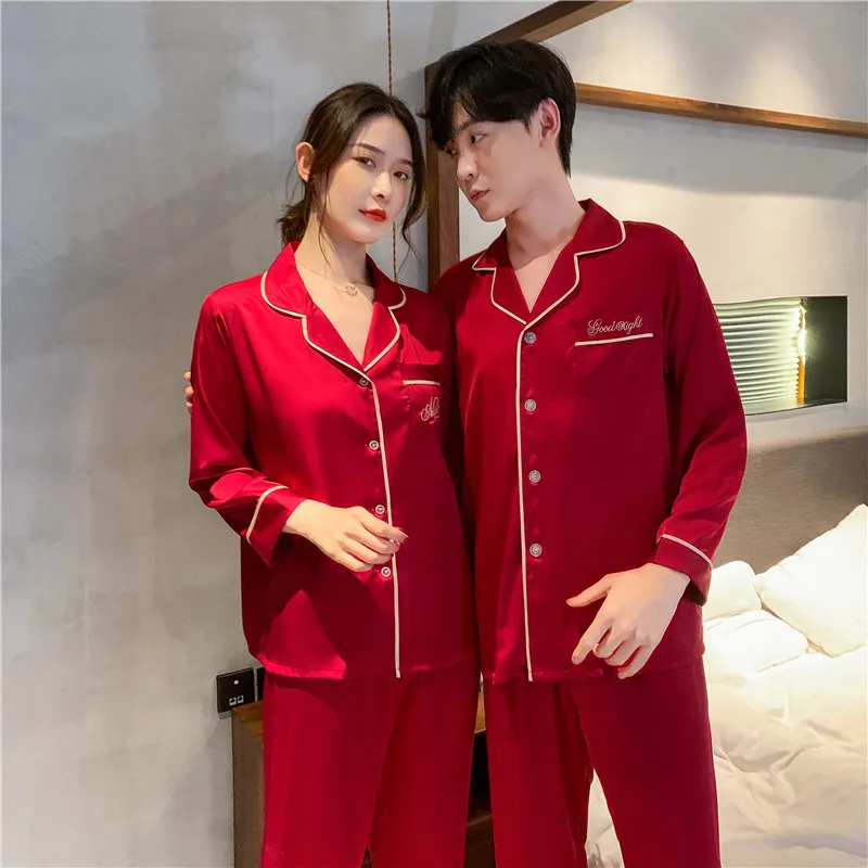 CAIYIER 2022 Luxury Silk Couple Pajamas Set Embroidery Cardigan Lover Nightwear Soft Sexy Family Men & Women Winter Homewear