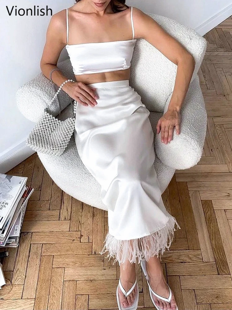 

Элегантный шикарный женский комплект Vionlish с юбкой, летний женский комплект из двух предметов: кофта на бретелях-спагетти и блуза