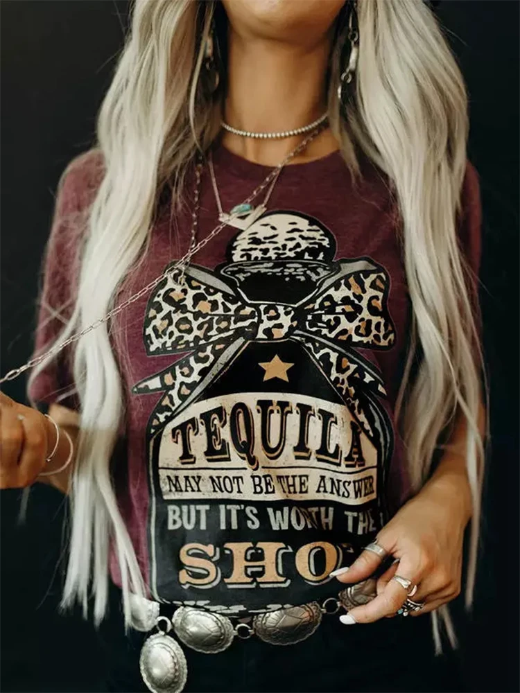 

O-Neck Women Fashion leopard Print Letter Printed Bow Short Sleeves T-Shirt Female Casual Top Tees