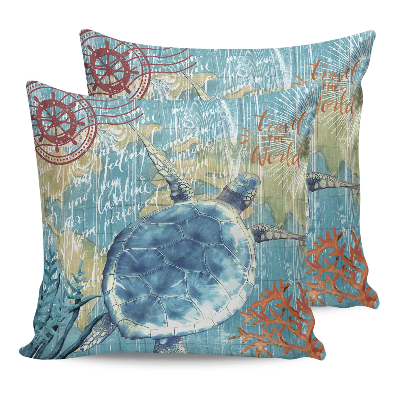 

2PCS Pillowcases Nautical Theme Marine Life Series Turtle Cushion Cover Home Bedding Room Decorative Couch Throw Pillow Case