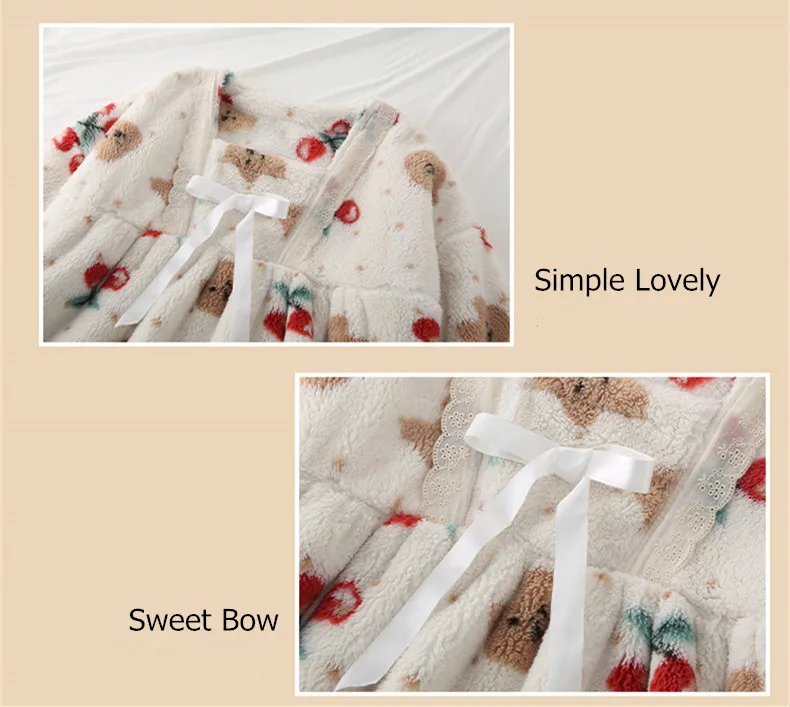 Yasuk Autumn Winter Fashion Women's Casual Lovely Print Cherry Bear Lace Warm Soft Sleepwear Pajamas With Pants Flannel Pullover
