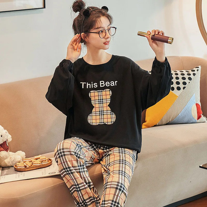 Cotton Pajama Set Women Long Sleeve Pants Pyjama Cute Korean Sleepwear Female Soft Loose Autumn Winter Pajamas Home Clothes Suit