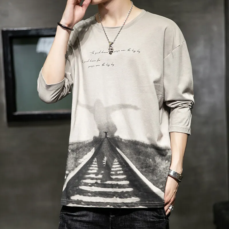 

Men's Hong Kong Style 2022 New Long Sleeved Cotton T-shirt Men's Round Neck Pullover Slim Fashion Mens Printed Top Clothing 4XL