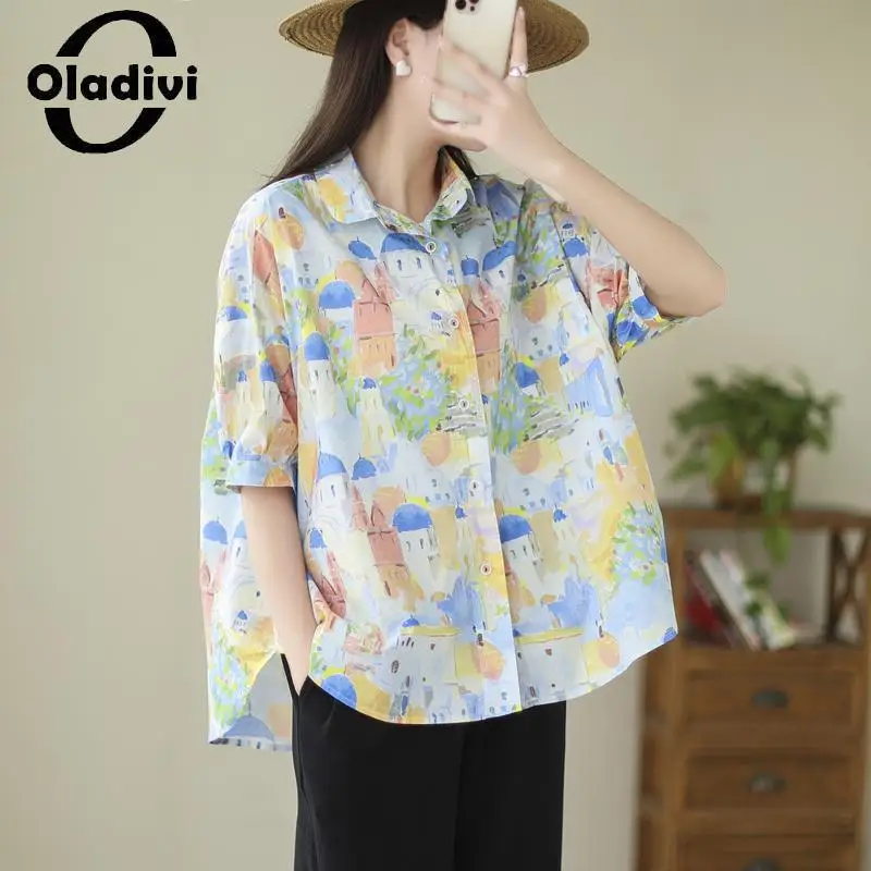 

Oladivi Fashion Print Short Sleeve Women Blouses 2023 Summer New Casual Loose Shirt Vintage Ladies Oversized Top Tunic Blusa 137